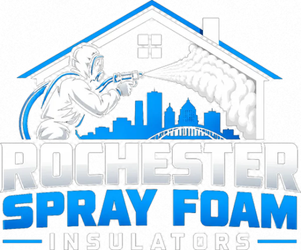 Rochester Spray Foam Insulators logo: a technician spraying foam inside a house outline over the Rochester skyline