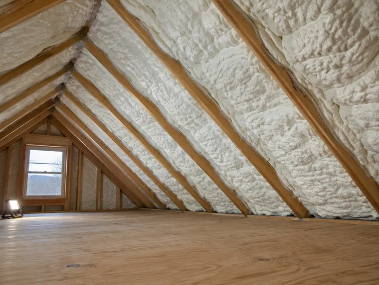 Open-cell spray foam filling the bays between attic roof rafters