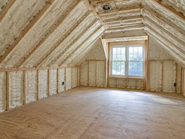 Sloped ceiling of a room over a garage sprayed with open-cell foam