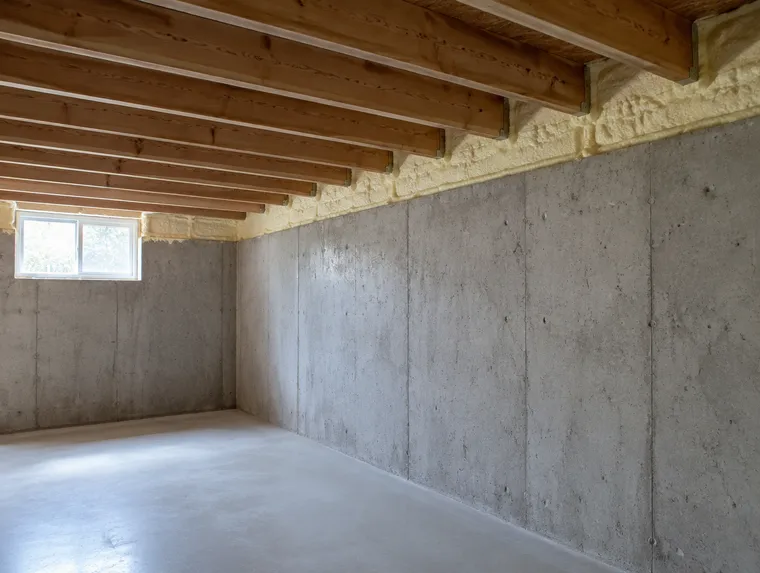 Closed-cell spray foam sealing basement rim joists above a concrete foundation wall
