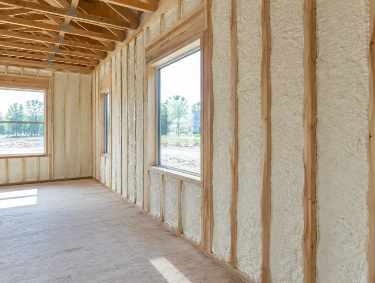 Wall cavities in a new house filled with spray foam trimmed flush with the studs